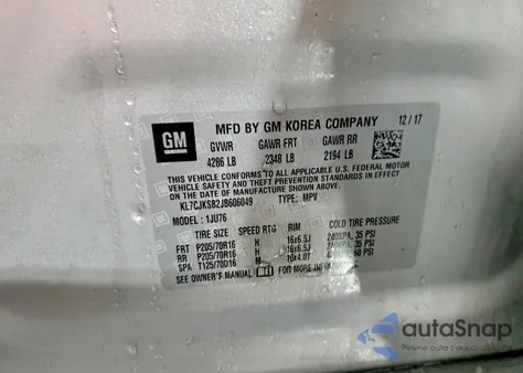 2018 Chevrolet Trax Ls z USA, uszkodzony, nr VIN KL7CJKSB2JB606049